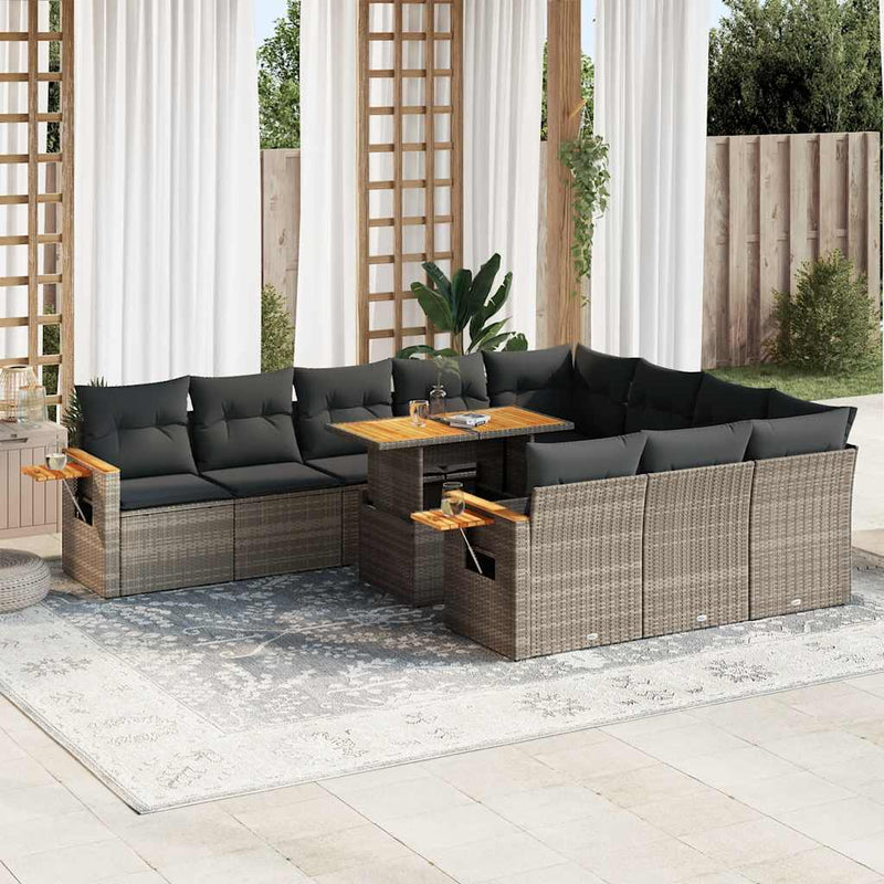 vidaXL 10 Piece Garden Sofa Set with Cushions Grey Poly Rattan Acacia