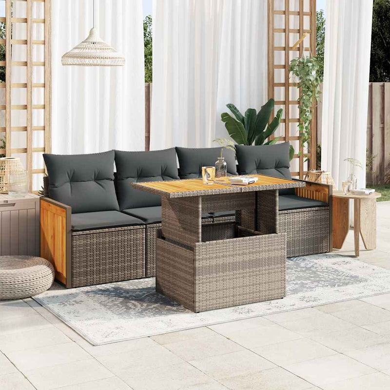 vidaXL 5 Piece Garden Sofa Set with Cushions Grey Poly Rattan Acacia