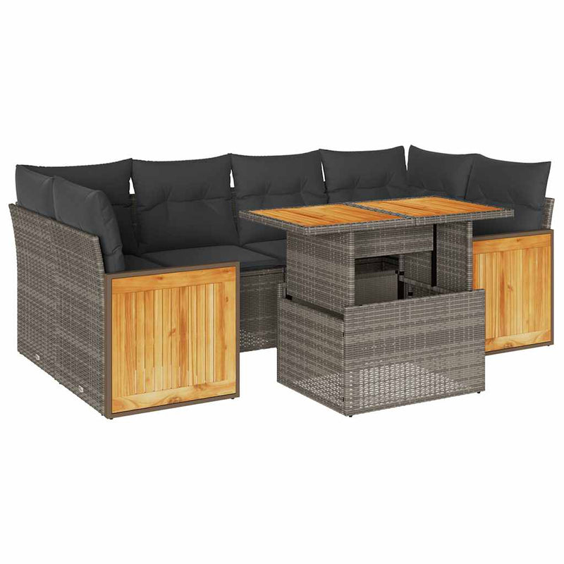 vidaXL 7 Piece Garden Sofa Set with Cushions Grey Poly Rattan Acacia