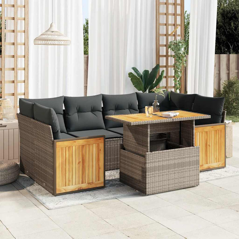 vidaXL 7 Piece Garden Sofa Set with Cushions Grey Poly Rattan Acacia