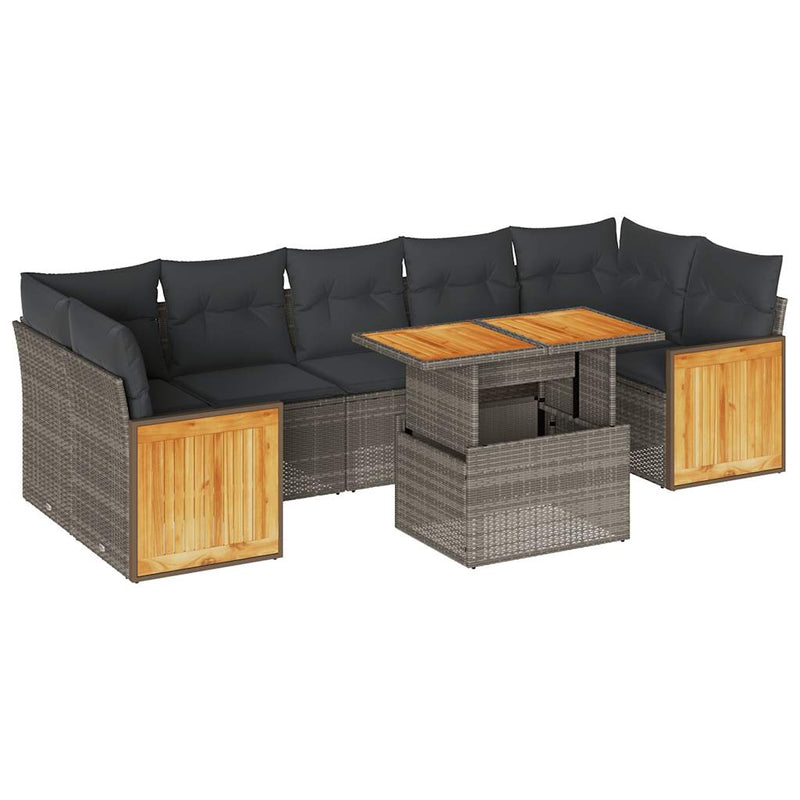 8 Piece Garden Sofa Set with Cushions Grey Poly Rattan Acacia