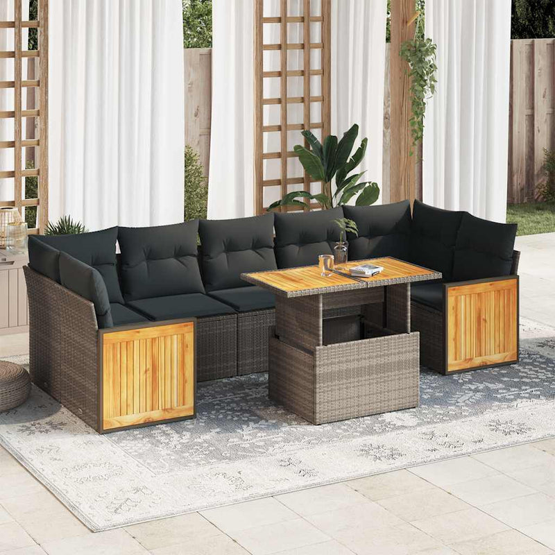 8 Piece Garden Sofa Set with Cushions Grey Poly Rattan Acacia