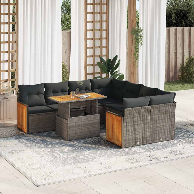 9 Piece Garden Sofa Set with Cushions Grey Poly Rattan Acacia