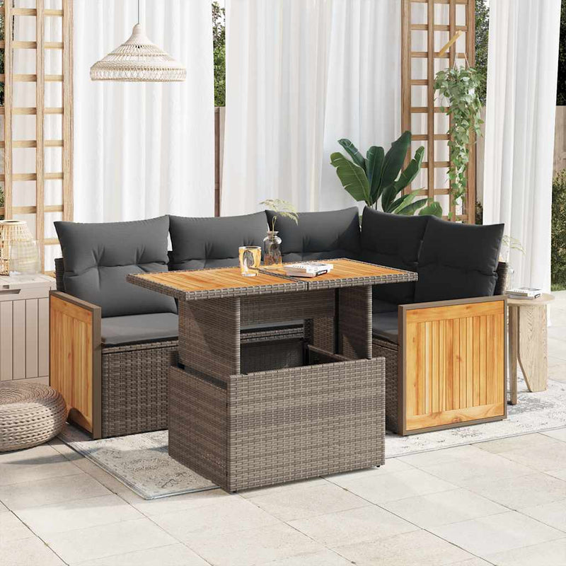 5 Piece Garden Sofa Set with Cushions Grey Poly Rattan Acacia