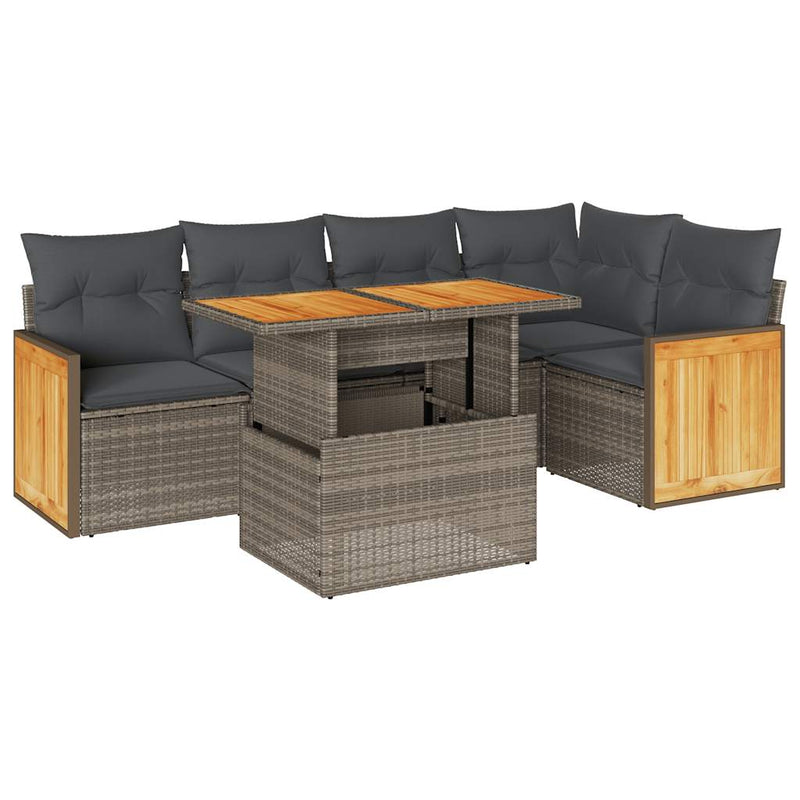 6 Piece Garden Sofa Set with Cushions Grey Poly Rattan Acacia