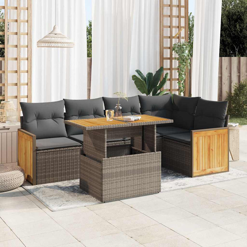 vidaXL 6 Piece Garden Sofa Set with Cushions Grey Poly Rattan Acacia