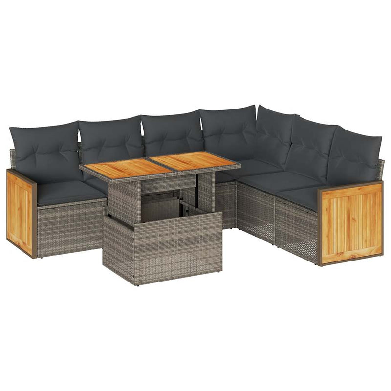 7 Piece Garden Sofa Set with Cushions Grey Poly Rattan Acacia