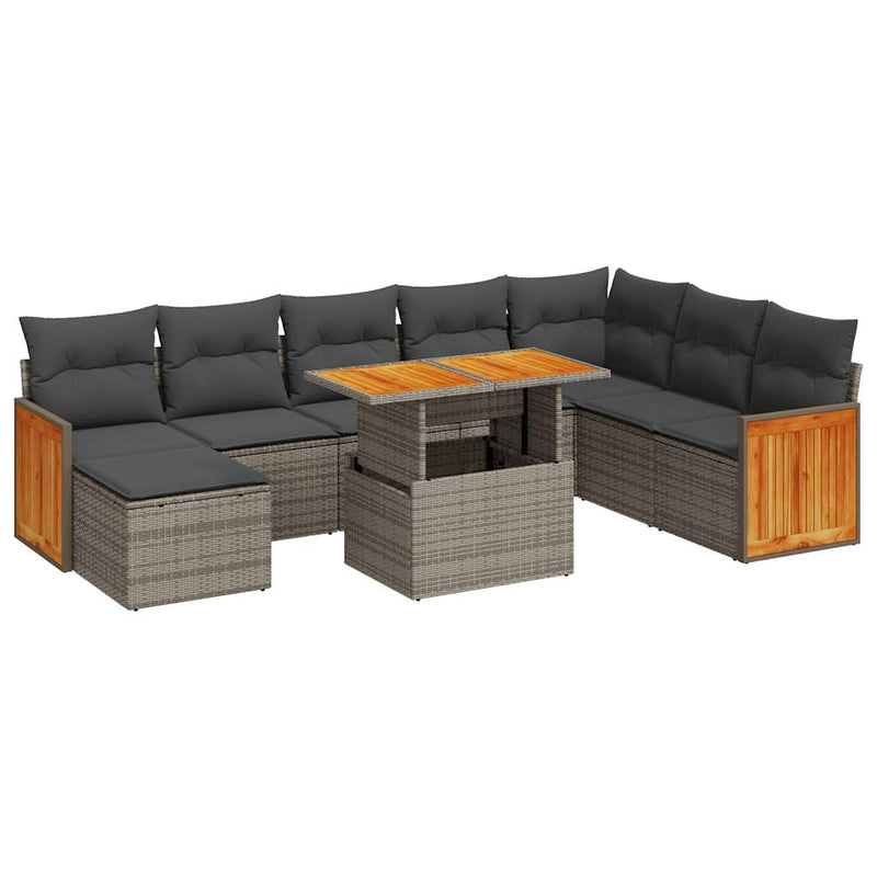 9 Piece Garden Sofa Set with Cushions Grey Poly Rattan Acacia