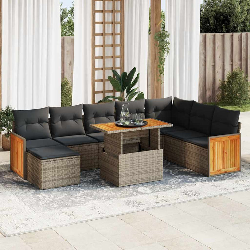 9 Piece Garden Sofa Set with Cushions Grey Poly Rattan Acacia