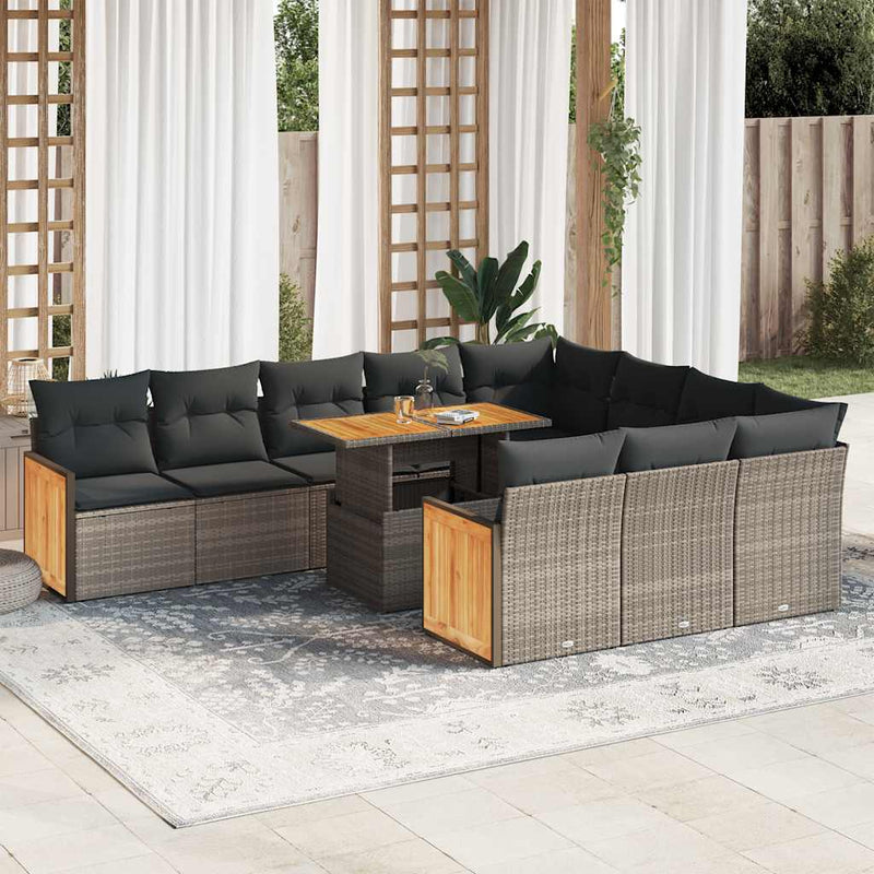 vidaXL 11 Piece Garden Sofa Set with Cushions Grey Poly Rattan Acacia