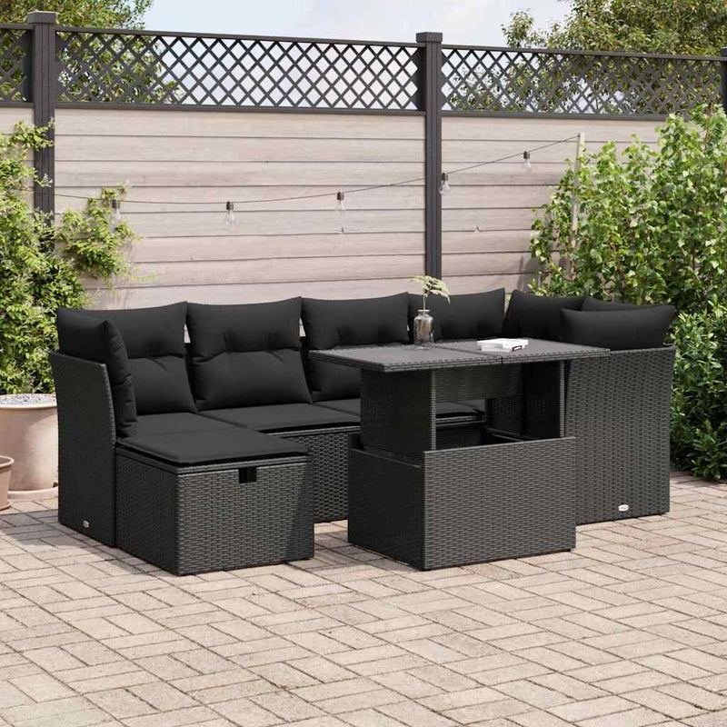 vidaXL 7 Piece Garden Sofa Set with Cushions Black Poly Rattan
