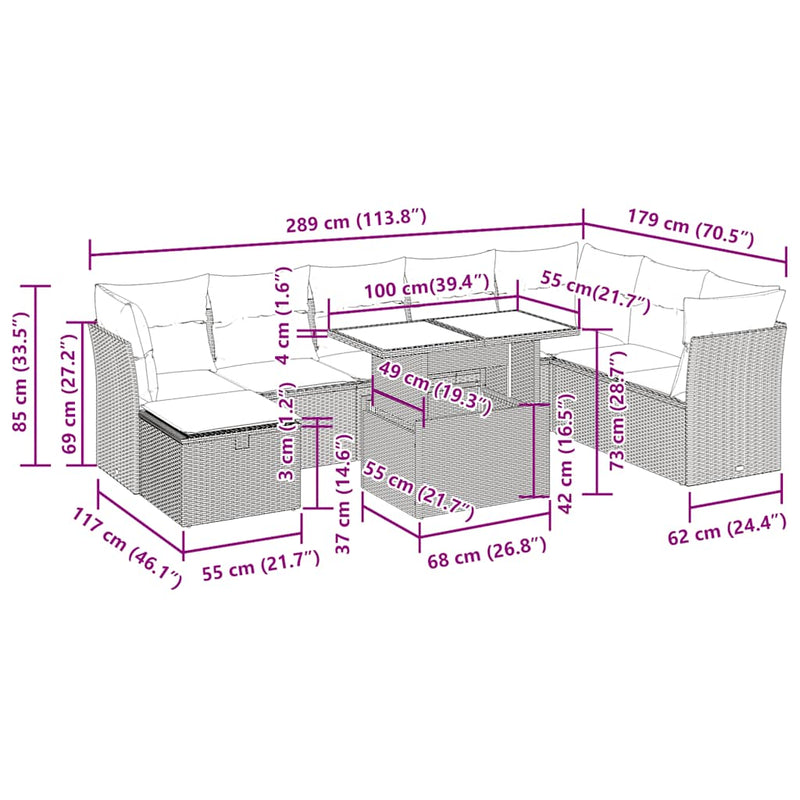 vidaXL 9 Piece Garden Sofa Set with Cushions Grey Poly Rattan