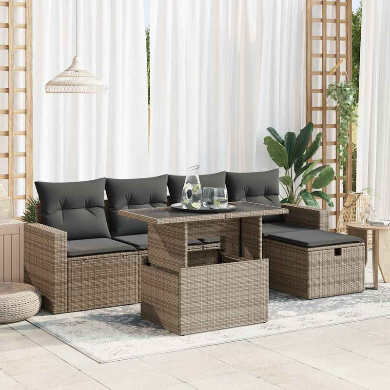vidaXL 6 Piece Garden Sofa Set with Cushions Grey Poly Rattan