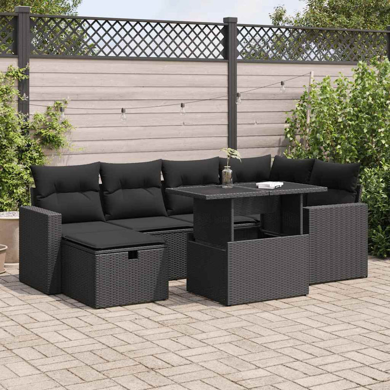 vidaXL 7 Piece Garden Sofa Set with Cushions Black Poly Rattan