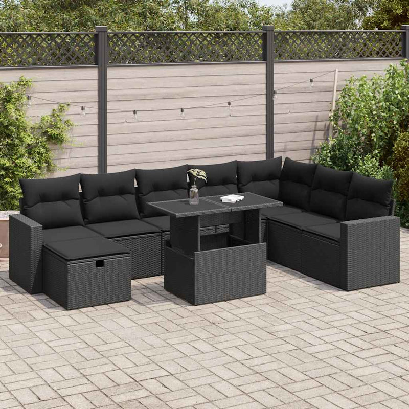 vidaXL 9 Piece Garden Sofa Set with Cushions Black Poly Rattan