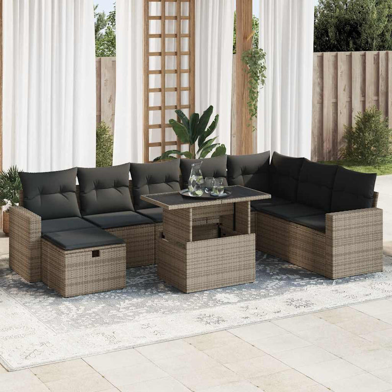 vidaXL 9 Piece Garden Sofa Set with Cushions Grey Poly Rattan