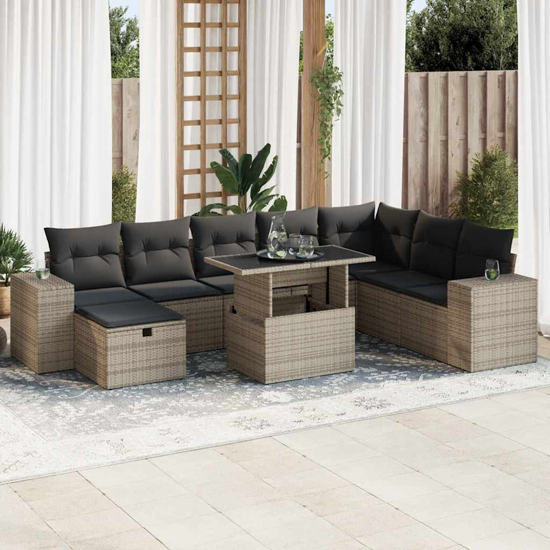 vidaXL 9 Piece Garden Sofa Set with Cushions Grey Poly Rattan