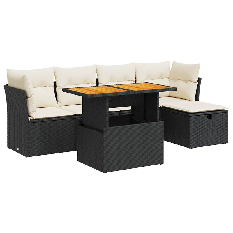vidaXL 6 Piece Garden Sofa Set with Cushions Black Poly Rattan Acacia