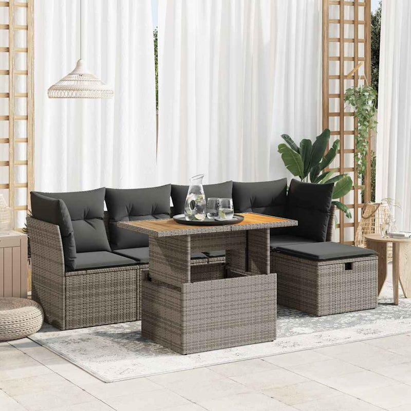 vidaXL 6 Piece Garden Sofa Set with Cushions Grey Poly Rattan Acacia