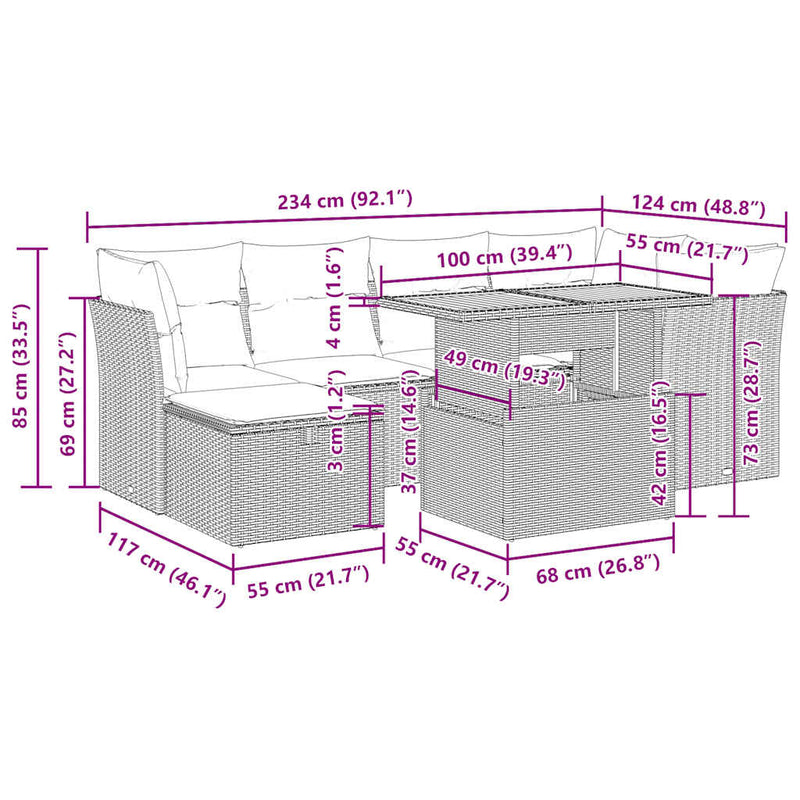 vidaXL 7 Piece Garden Sofa Set with Cushions Black Poly Rattan Acacia