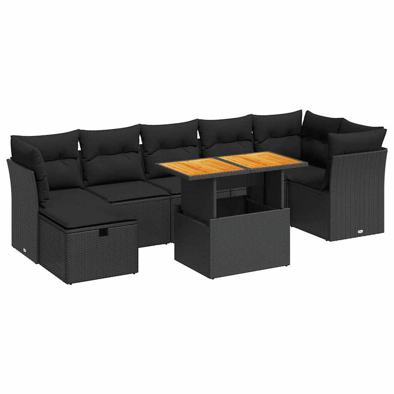 vidaXL 8 Piece Garden Sofa Set with Cushions Black Poly Rattan Acacia