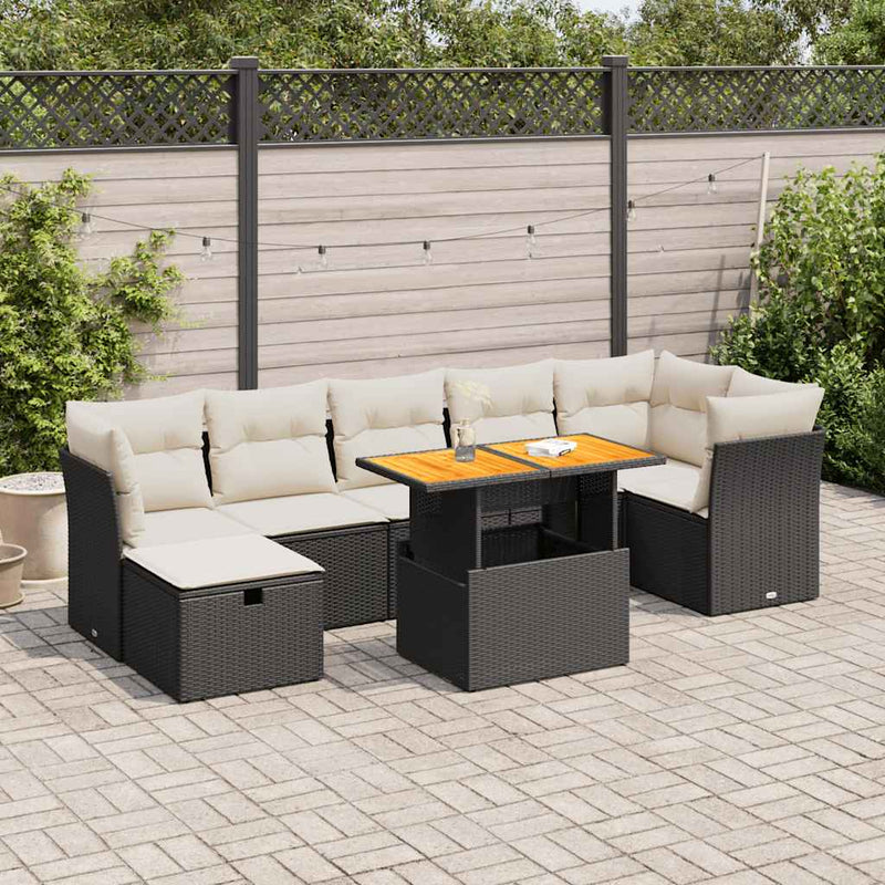 vidaXL 8 Piece Garden Sofa Set with Cushions Black Poly Rattan Acacia