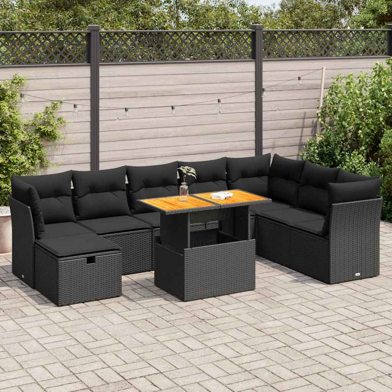 vidaXL 9 Piece Garden Sofa Set with Cushions Black Poly Rattan Acacia