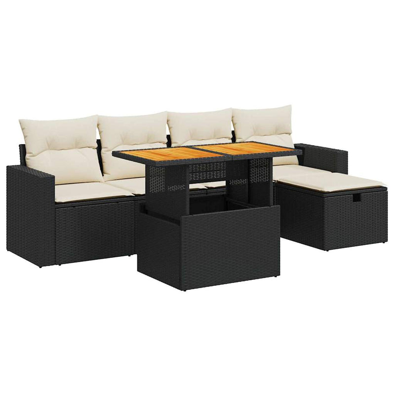 vidaXL 6 Piece Garden Sofa Set with Cushions Black Poly Rattan Acacia