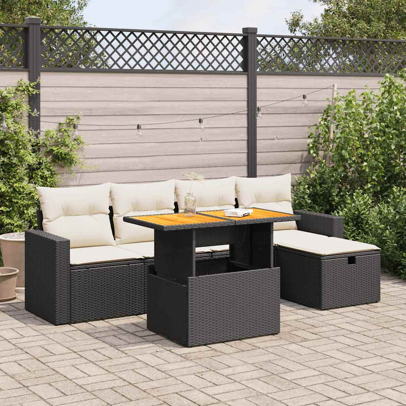 vidaXL 6 Piece Garden Sofa Set with Cushions Black Poly Rattan Acacia