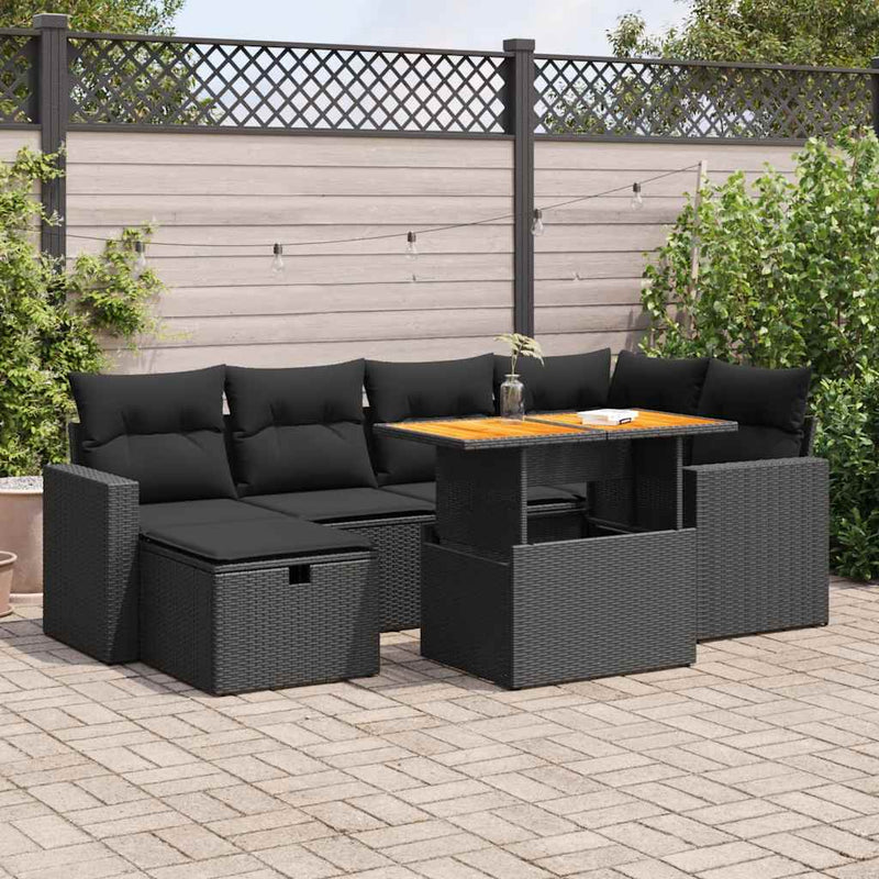 vidaXL 8 Piece Garden Sofa Set with Cushions Black Poly Rattan Acacia