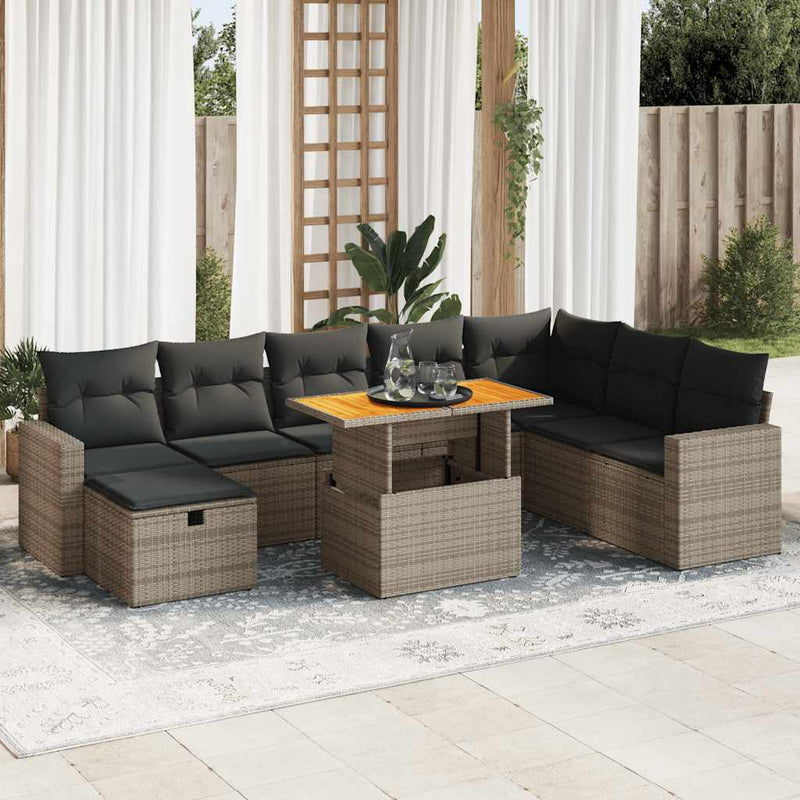 vidaXL 9 Piece Garden Sofa Set with Cushions Grey Poly Rattan Acacia