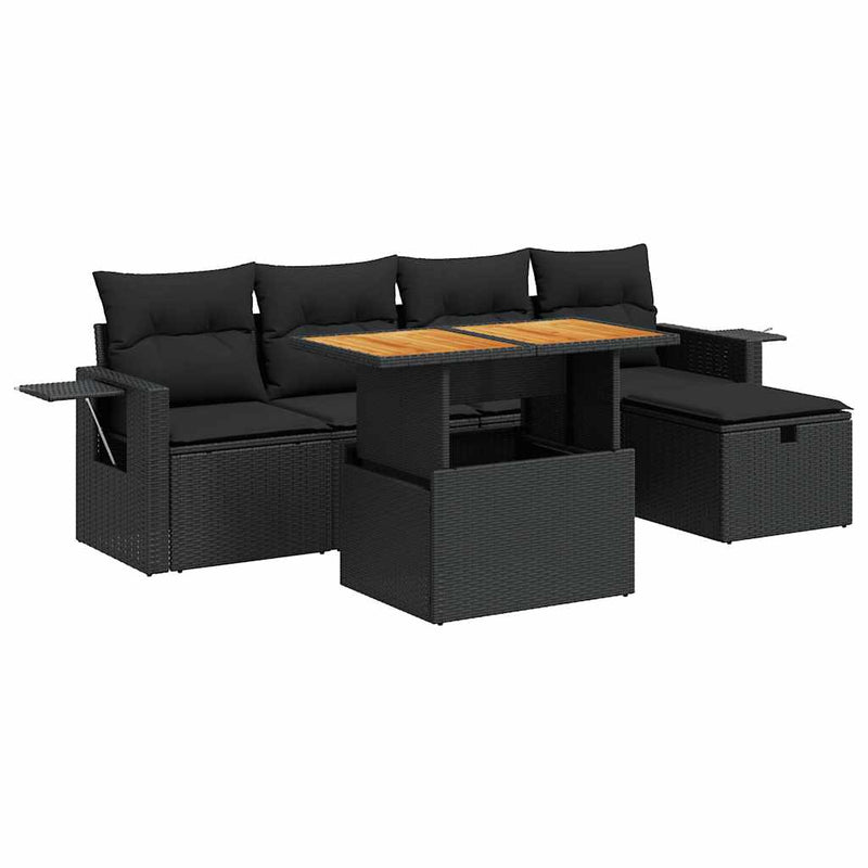 vidaXL 6 Piece Garden Sofa Set with Cushions Black Poly Rattan Acacia