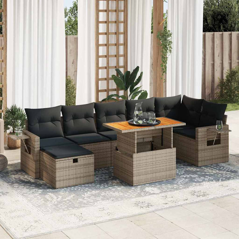 5 Piece Garden Sofa Set with Cushions Grey Poly Rattan Acacia