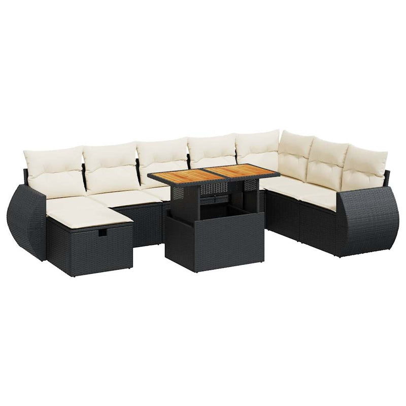 vidaXL 9 Piece Garden Sofa Set with Cushions Black Poly Rattan Acacia