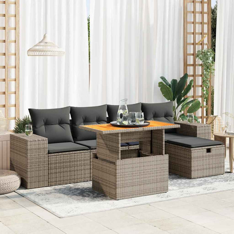 vidaXL 6 Piece Garden Sofa Set with Cushions Grey Poly Rattan Acacia