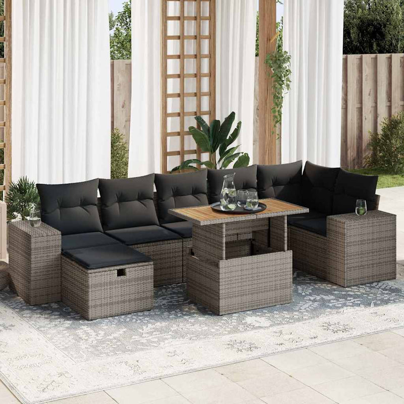 5 Piece Garden Sofa Set with Cushions Grey Poly Rattan Acacia