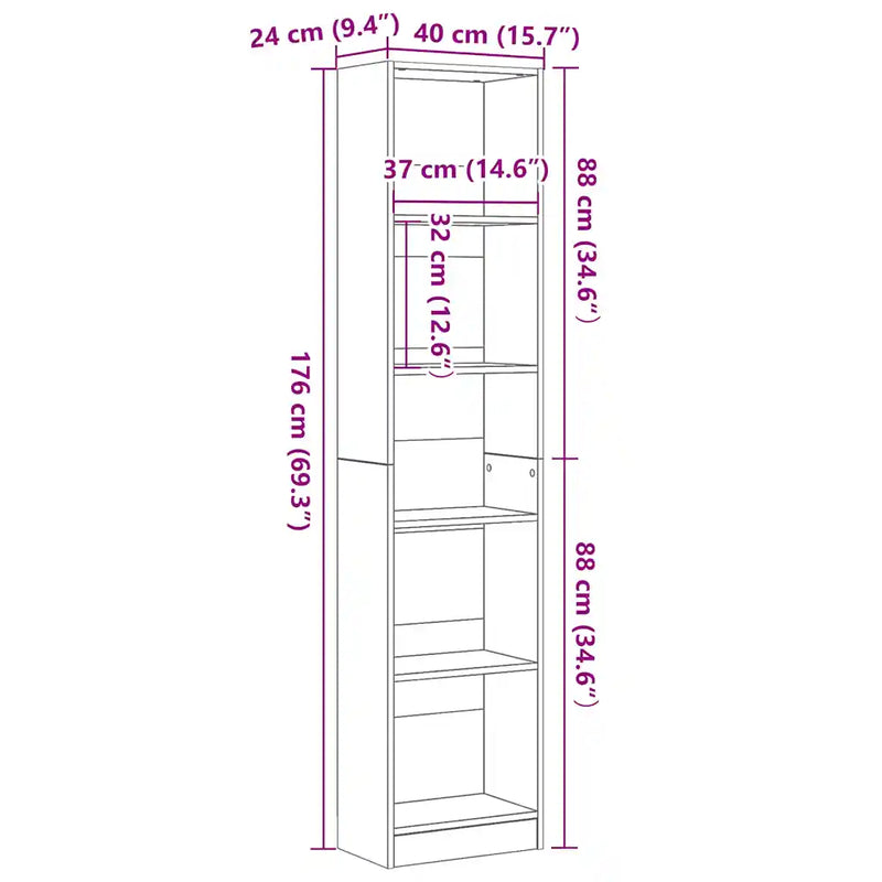 Bookcase Black Oak 40x24x176 cm Engineered Wood