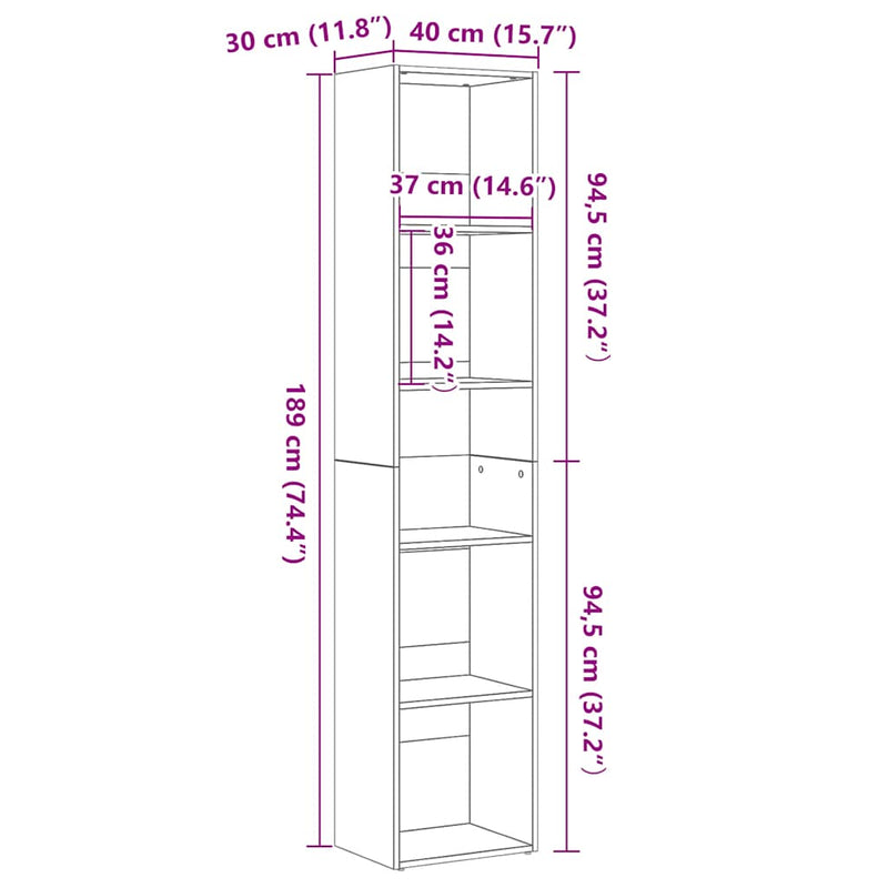 vidaXL Book Cabinet Black Oak 40x30x189 cm Engineered Wood