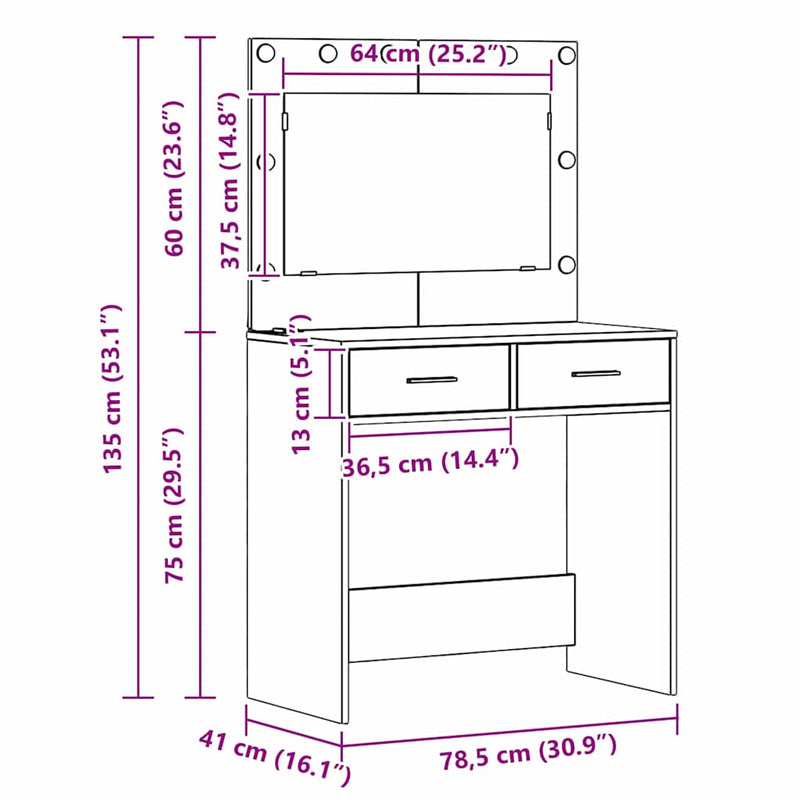 vidaXL Dressing Table White 78.5 x 41 x 135 cm Engineered wood