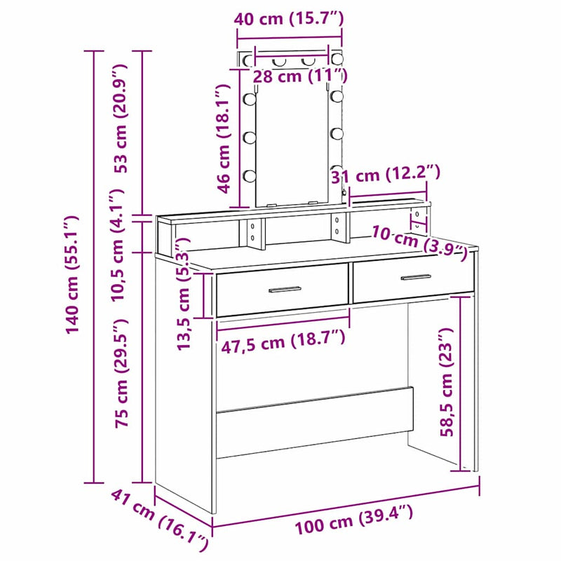 Dressing Table White 100 x 41 x 140 cm Engineered Wood