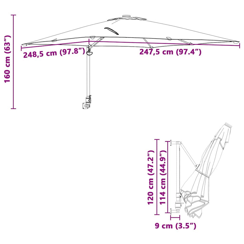 vidaXL Garden Parasol Black 248,5 x 247,5 x 160 cm Polyester and Steel