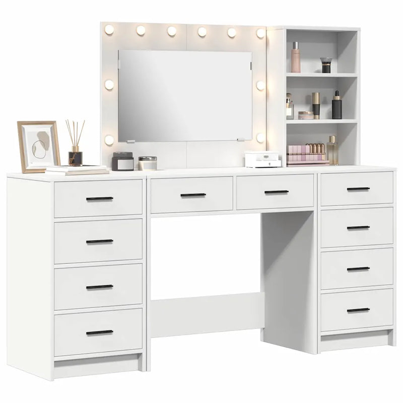 Dressing Table with Mirror Lights 3 pcs White Engineered Wood