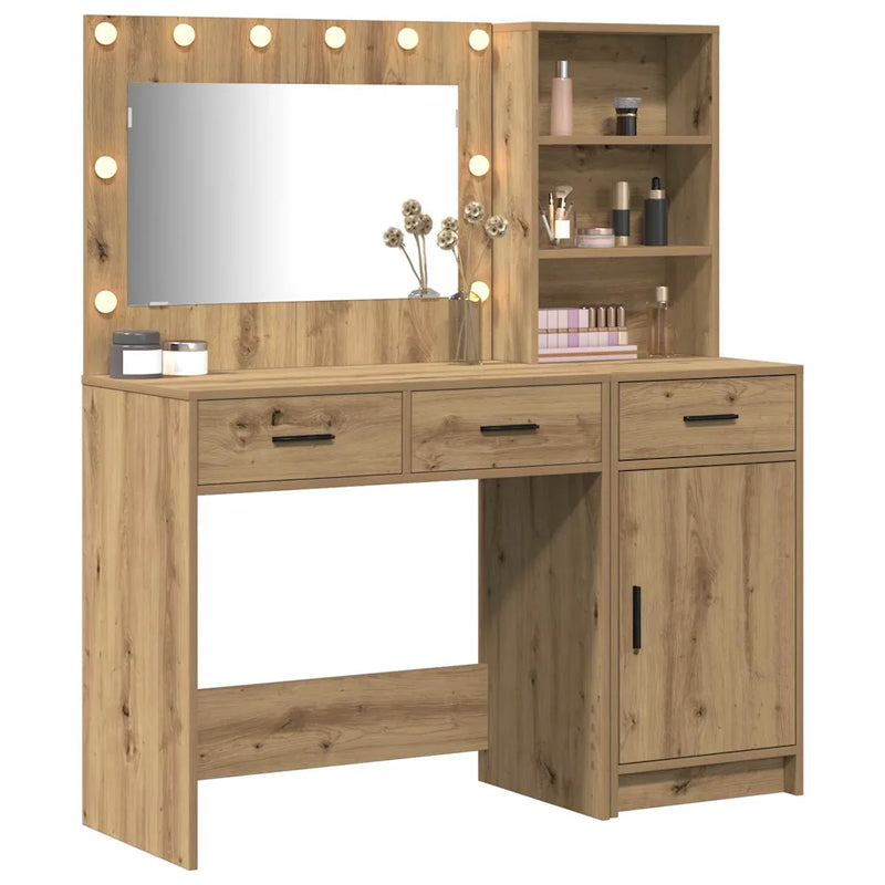 Dressing Table with Mirror Lights 2 pcs Brown Engineered Wood