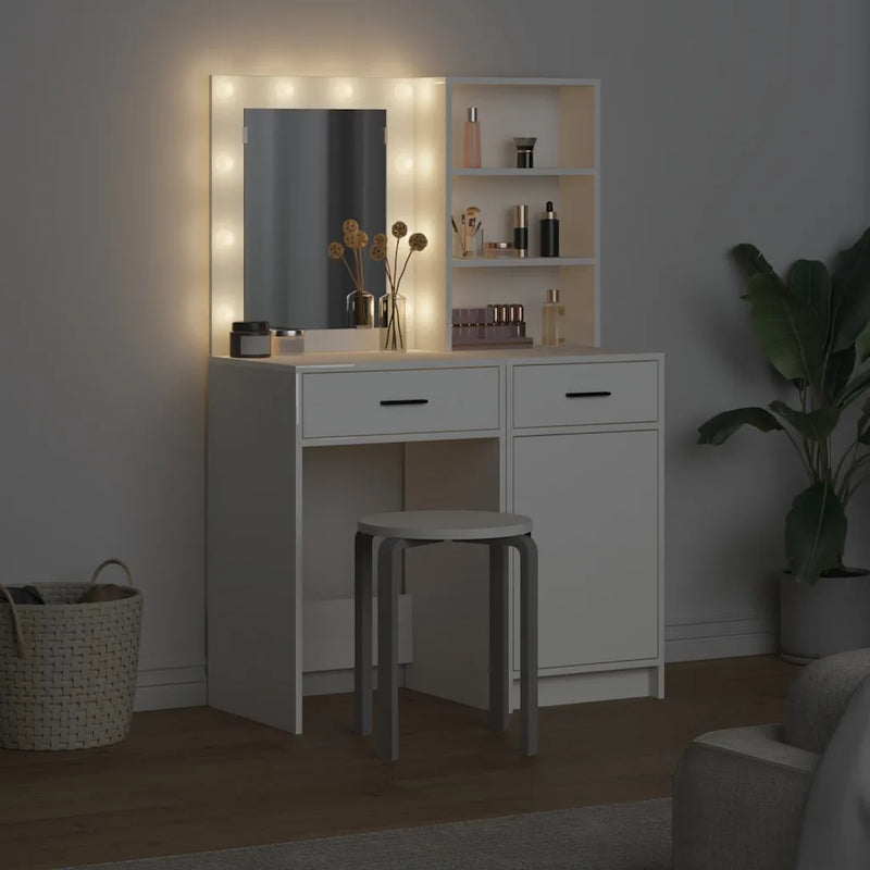 Dressing Table Set with LED 2 pcs White Engineered Wood