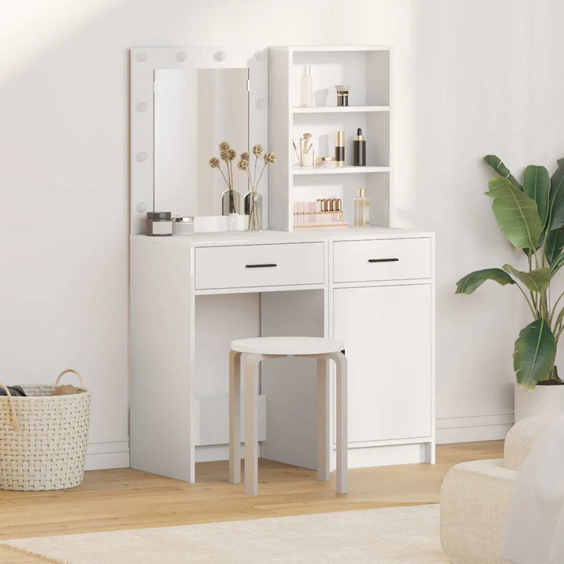 Dressing Table Set with LED 2 pcs White Engineered Wood