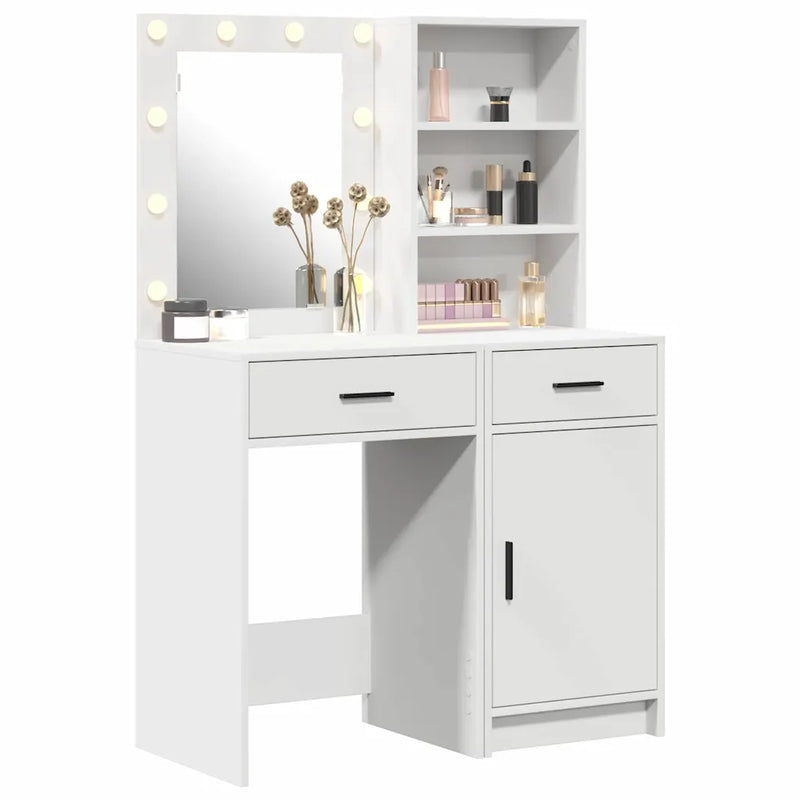 Dressing Table Set with LED 2 pcs White Engineered Wood