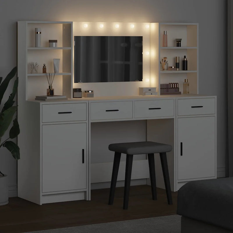 Dressing Table Set with LED 3 pcs White Engineered Wood