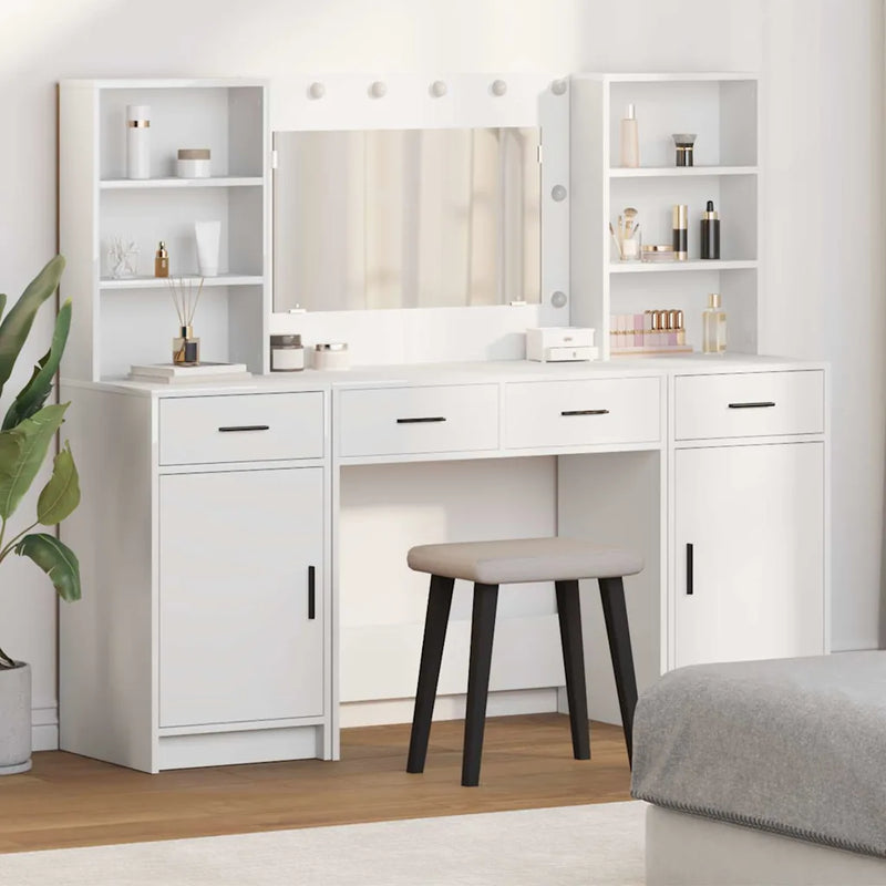 Dressing Table Set with LED 3 pcs White Engineered Wood