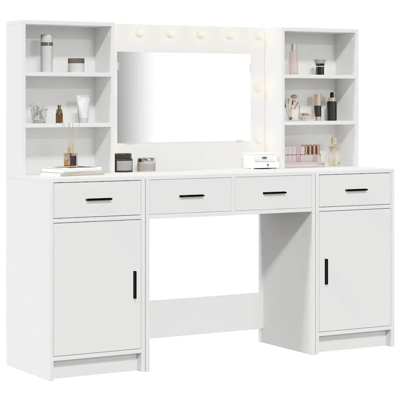 Dressing Table Set with LED 3 pcs White Engineered Wood