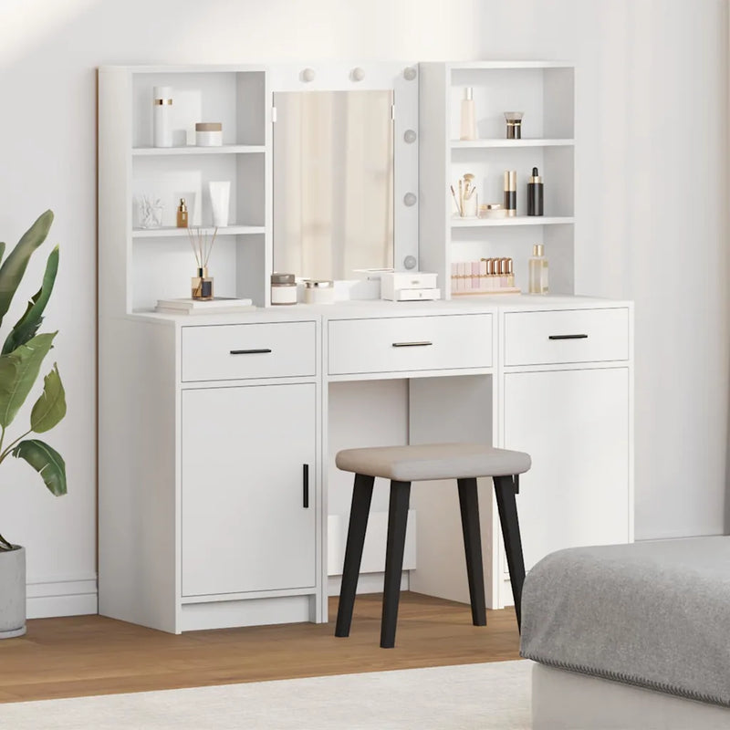 Dressing Table Set with LED 3 pcs White Engineered Wood